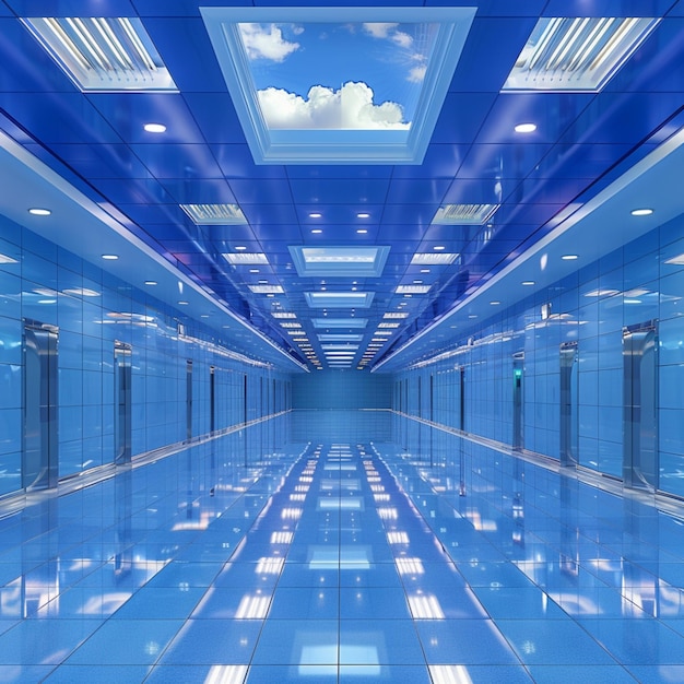 a blue and white floor with a sky and clouds