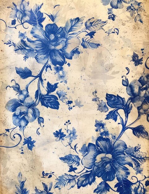 a blue and white floral design is painted on a blue background