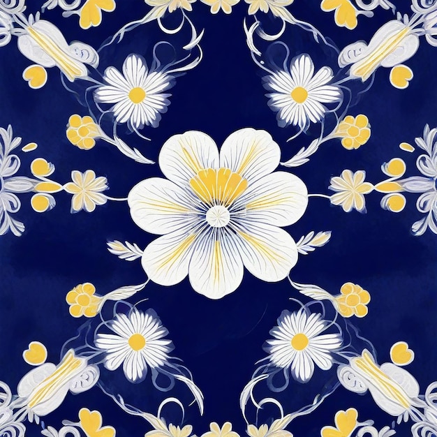 a blue and white floral design is shown in a blue background