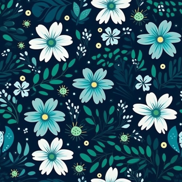 a blue and white floral pattern with green leaves and flowers generative ai