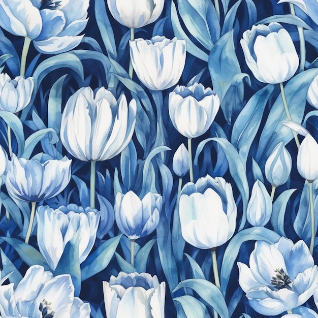 A blue and white floral pattern with tulips.