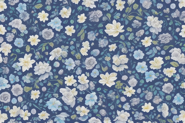 A blue and white floral pattern with white flowers.