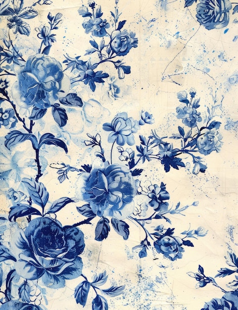 a blue and white floral print is shown on a blue background