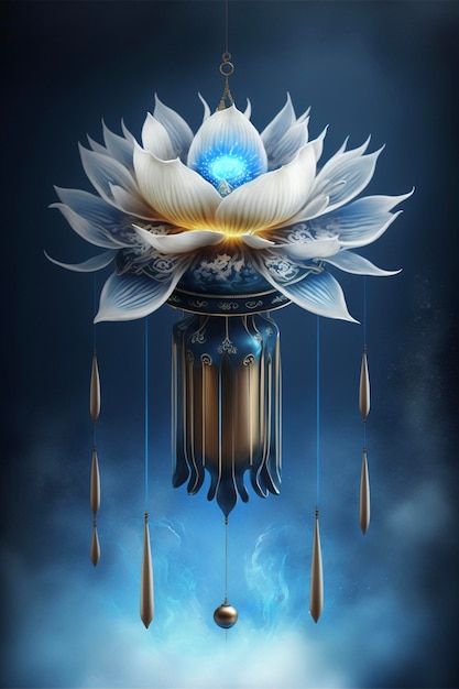 Blue and white flower hanging from a wind chime generative ai