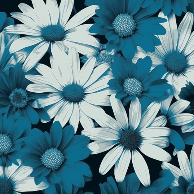 A blue and white flower wallpaper that says daisies on it.