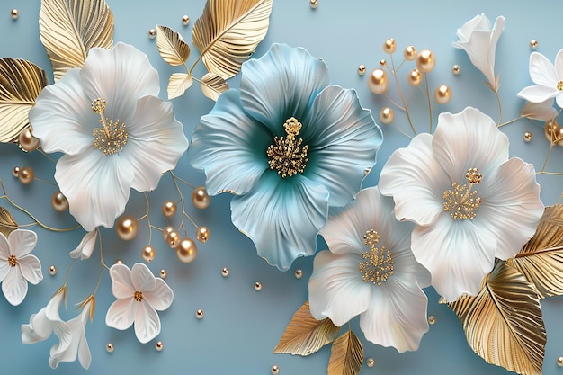 a blue and white flower with gold leaves and gold beads