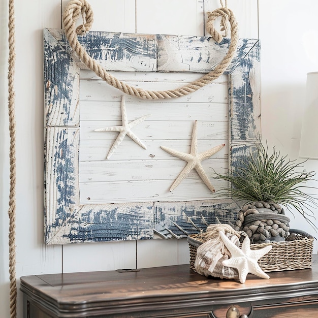 a blue and white frame with starfish and a basket of shells on a table