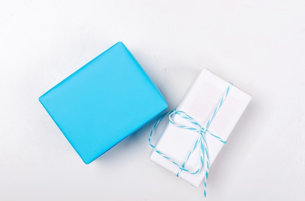 Blue and white gift boxes with ribbon