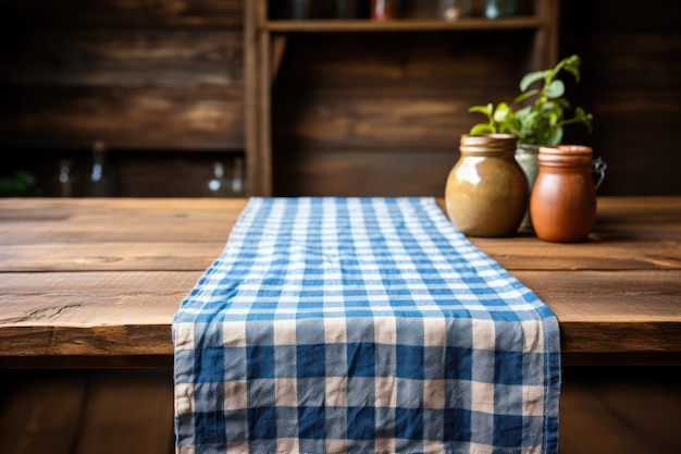 Blue and White Gingham Tablecloth Spread on Table AI Generated