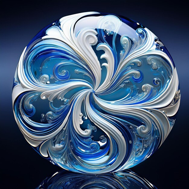 a blue and white glass sculpture with a spiral design on it