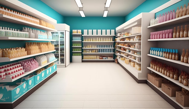 A blue and white grocery store with shelves of food and drinks.