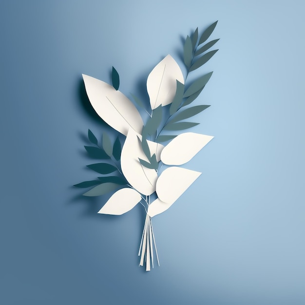 Blue and white handmade paper craft tree branch on blue background Origami tree branch with white leaves Paper craft decoration design element