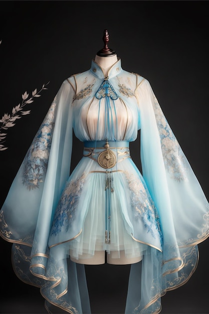 A blue and white hanfu costume with a long cape and a belt.