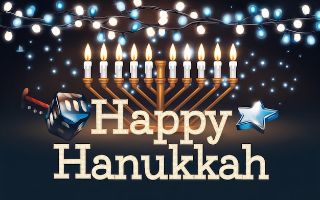 Photo blue and white hanukkah banner with dreidels and candles