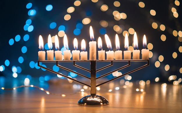 Blue and White Hanukkah Banner with Dreidels and Candles