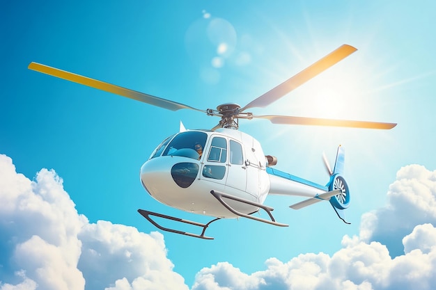 a blue and white helicopter with the sun shining on the clouds