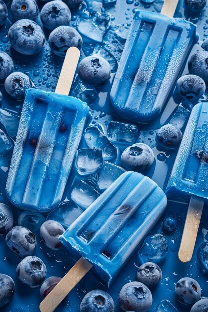 A blue and white ice cream with a blue stick and blueberries