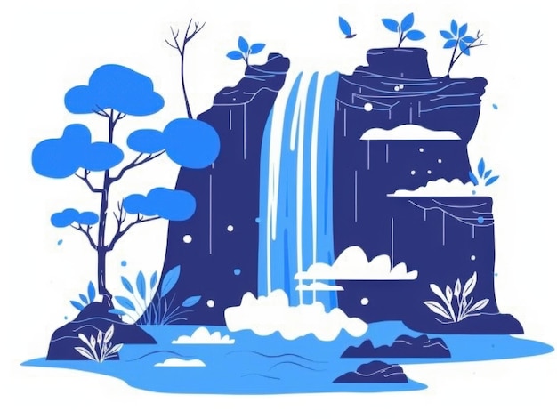 Photo blue and white illustration of a waterfall with surrounding foliage