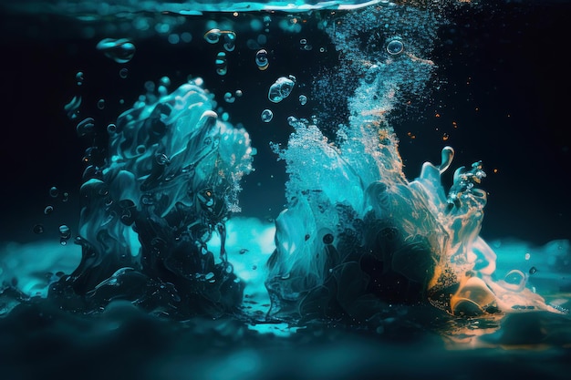 A blue and white image of water and air bubbles