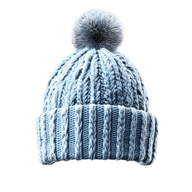 a blue and white knitted hat with a pom pom on the top