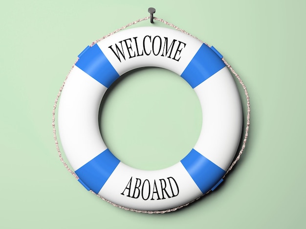 Blue and white life buoy isolated on green background