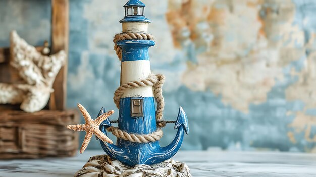 Photo a blue and white lighthouse with an anchor and a starfish