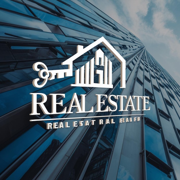 a blue and white logo for real estate business