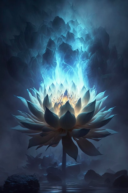 Blue and white lotus blooms in flames, lightning