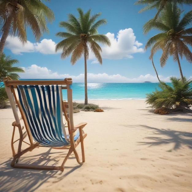 a blue and white lounge chair on a beach with palm trees in the background