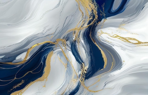 A blue and white marble background with gold paint.