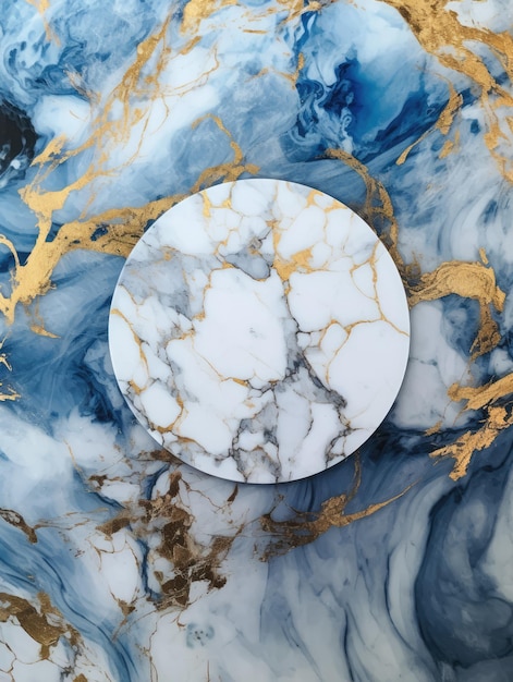 Blue and white marble texture with a gold circle generative ai