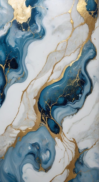 a blue and white marble with a gold pattern