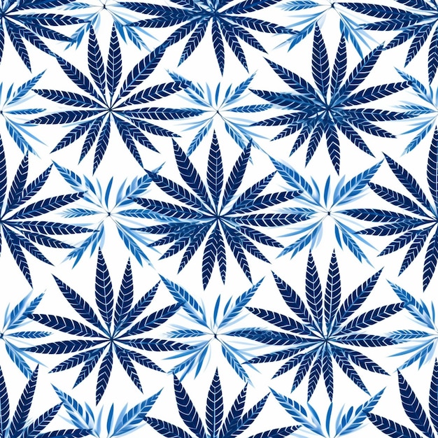 A blue and white marijuana leaf pattern on a white background generative ai