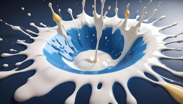 a blue and white milk splashing into a blue bowl