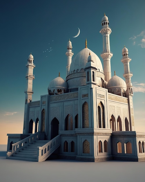 a blue and white mosque with a crescent moon in the background