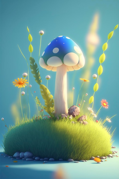 Blue and white mushroom sitting on top of a lush green field generative ai