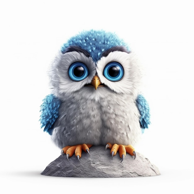 A blue and white owl with blue eyes sits on a rock.