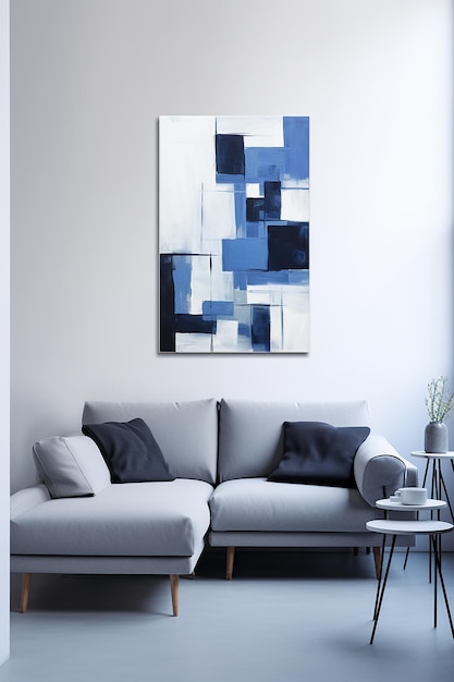 a blue and white painting is on the wall