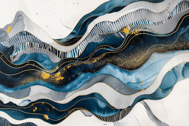 a blue and white painting of a series of waves and the blue and gold lines