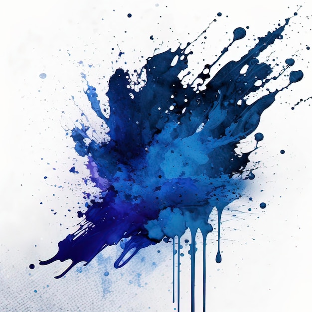 A blue and white painting with a blue paint splatter.