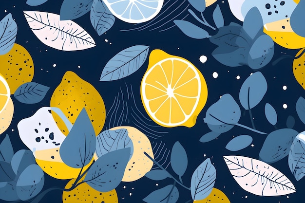 A blue and white pattern with lemons and leaves