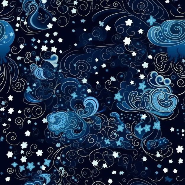 A blue and white pattern with stars and swirls on a black background generative ai