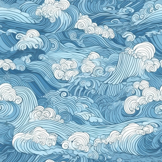 A blue and white pattern with waves and clouds generative ai