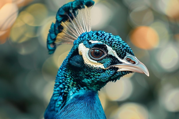 Photo a blue and white peacock with a blue and gold feathered head