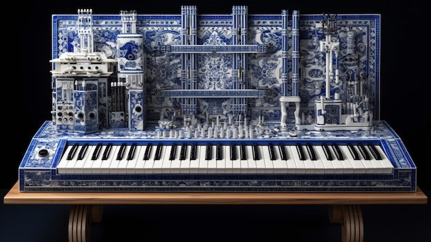 A blue and white piano made by the artist.