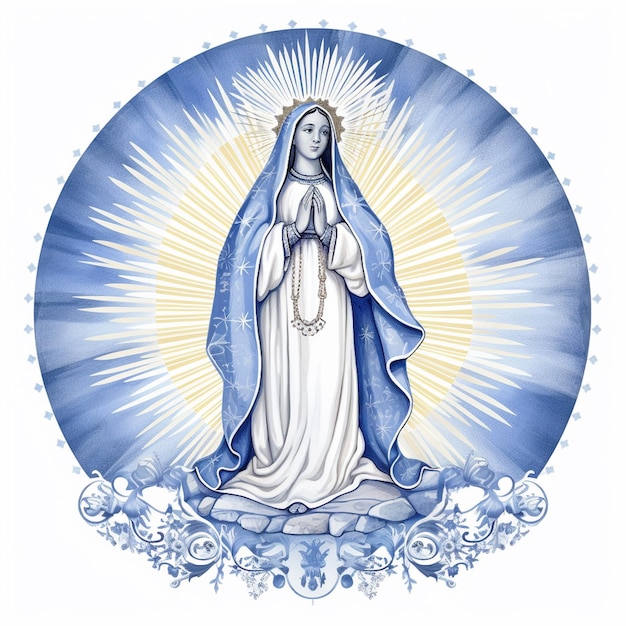 A blue and white picture of a woman with a white cross on her head.