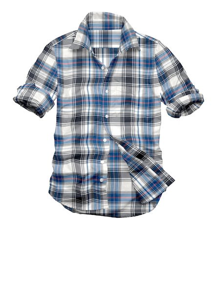 A blue and white plaid shirt is displayed against a white background.