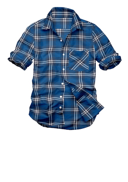 A blue and white plaid shirt is hanging on a white background.