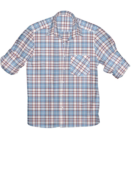 A blue and white plaid shirt with a pocket on the front.