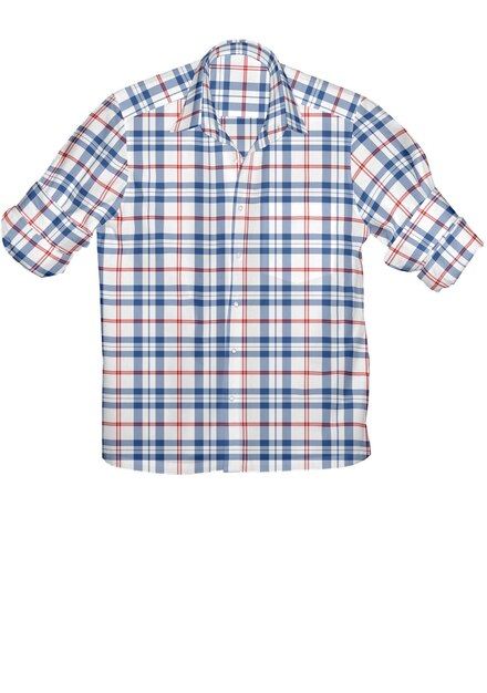 A blue and white plaid shirt with a red and white pattern.